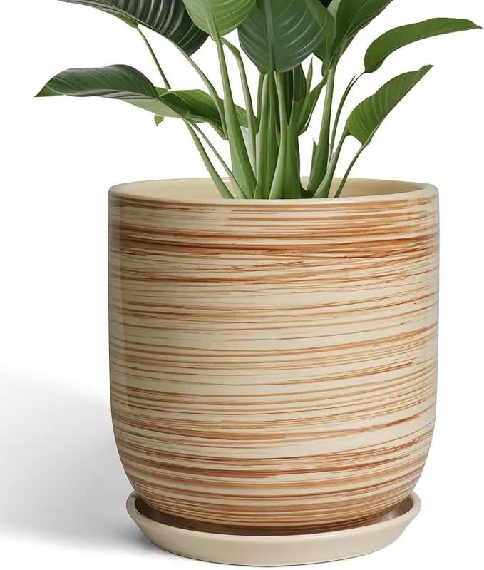 12 Inch Pots for Plants - Ceramic Planters for Indoor Plants, Large Planter Pot for Home Garden Patio Office with Drainage Hole Cylinder Flower Pot Yellow by GreenHaven Gardens