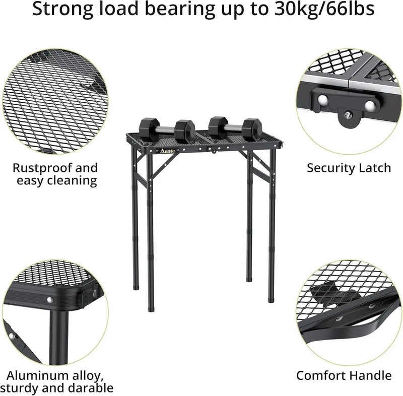 Folding Grill Table, Aluminum Camping Table Adjustable Height Max 27.5" Picnic Table Outdoor Table, Lightweight, Portable Handle for Travel Cooking BBQ Picnic, 22.8" x 16", Black by GreenHaven Gardens
