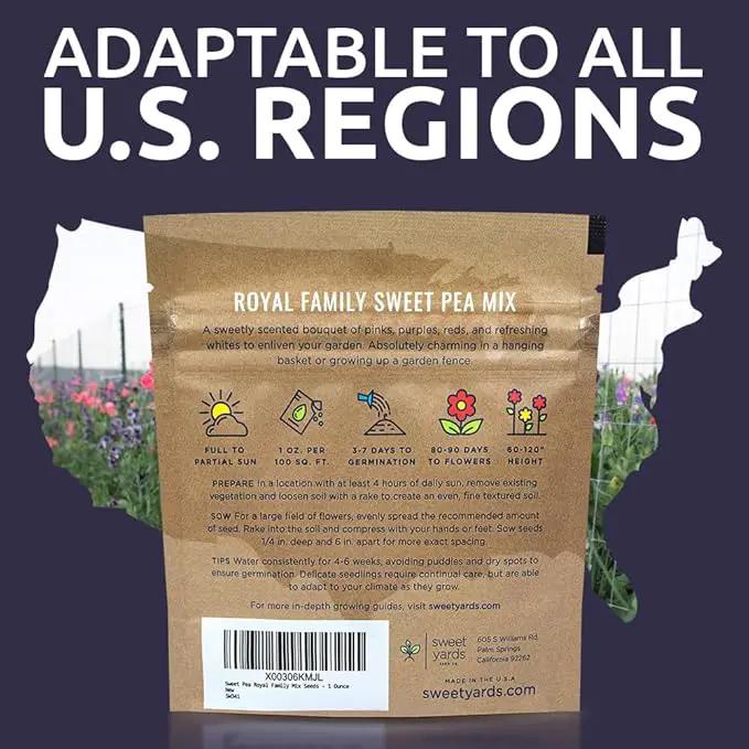 Sweet Pea Seeds Royal Mix - Bulk 1 Ounce Packet - Over 350 Seeds - Large Fragrant Lavender, Purple, Red, Pink and White Blooms by GreenHaven Gardens