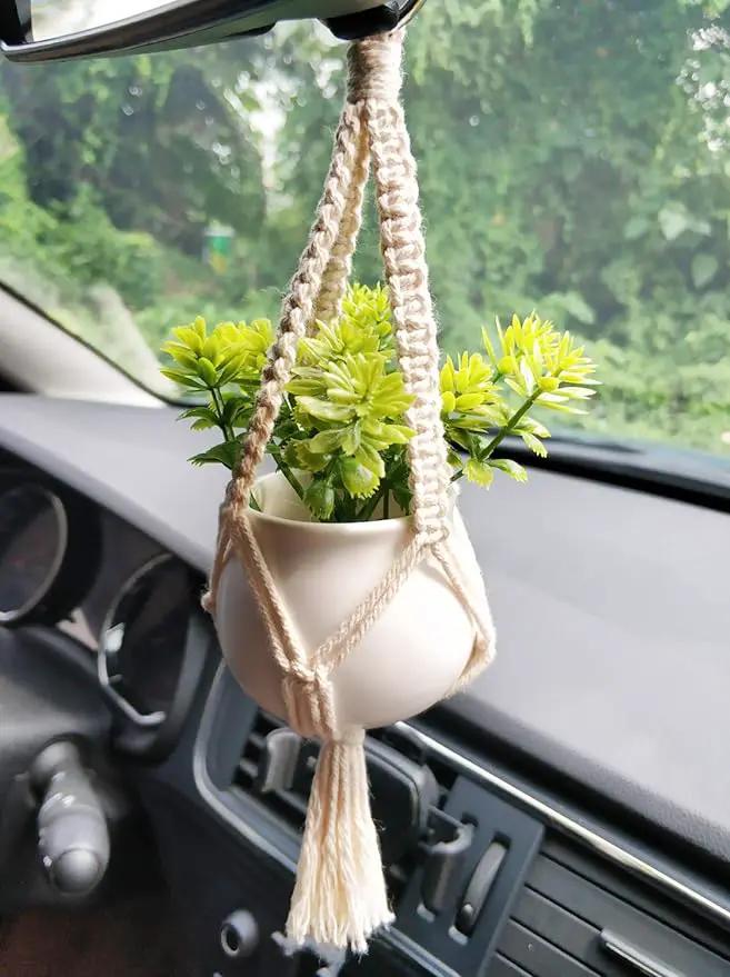 Dahey Mini Macrame Plant Car Accessories Rear View Mirrior Charm Cute Hanging Rearview Car Decor Boho Hanger with Artificial Succulent for Plant Lover, 2 Pcs, 10.5 inch, White by GreenHaven Gardens