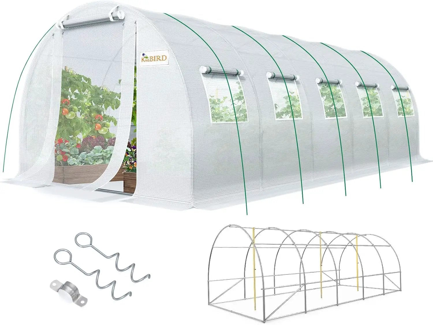 KING BIRD Premium 25x10x6.6FT Greenhouse for Outdoors, Large Walk-in Heavy Duty Galvanized Steel Frame, Mesh Door Screen Window Upgraded Zipper Tunnel Hoop for Garden Plant Winter, White by GreenHaven Gardens