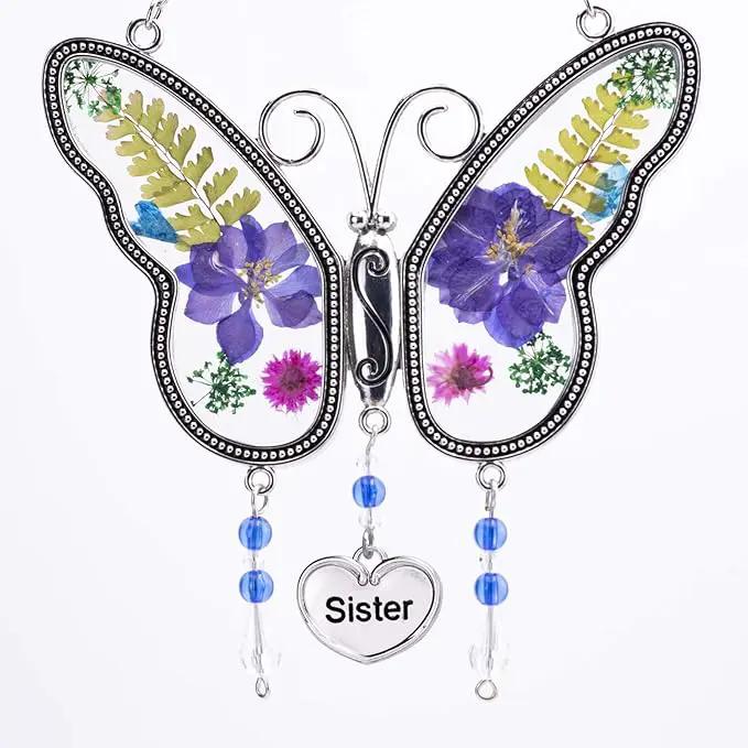 Laraine Butterfly Suncatcher with Pressed Flower Wings Mom Mother's Day Butterfly Glass Wind Chime Ornament Charm with Metal Heart Gifts for Mom Grandma Birthday ((Purple Sister (with Free Hook)) by GreenHaven Gardens
