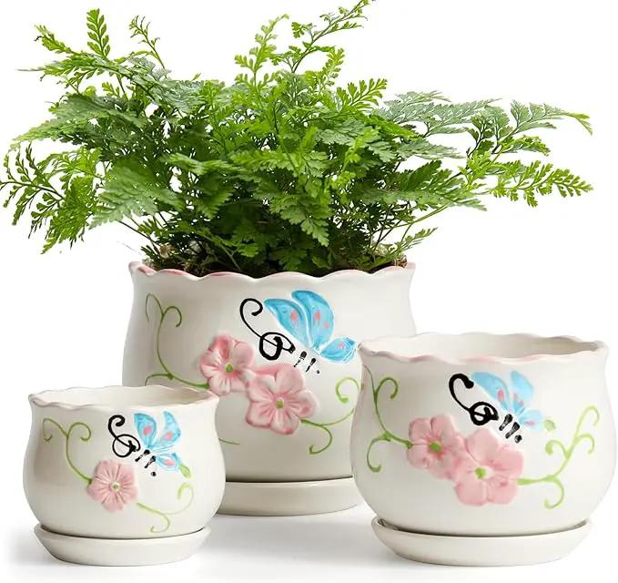 Ceramic Plant Pots with Drainage Holes and Saucers, Round Flower Pots for Indoor Plant, 3.9/5.2/6.7 Inches Flower Large Planters Set of 3 by GreenHaven Gardens