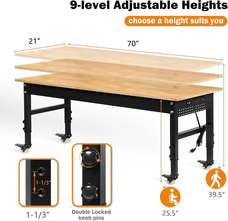 70" Adjustable Workbench on Wheels, 2000 LBS Heavy Duty Work Table with Power Outlets & Pegboard, Rubber Wood Workstation for Garage, Workshop, Office, Home, Commercial by GreenHaven Gardens