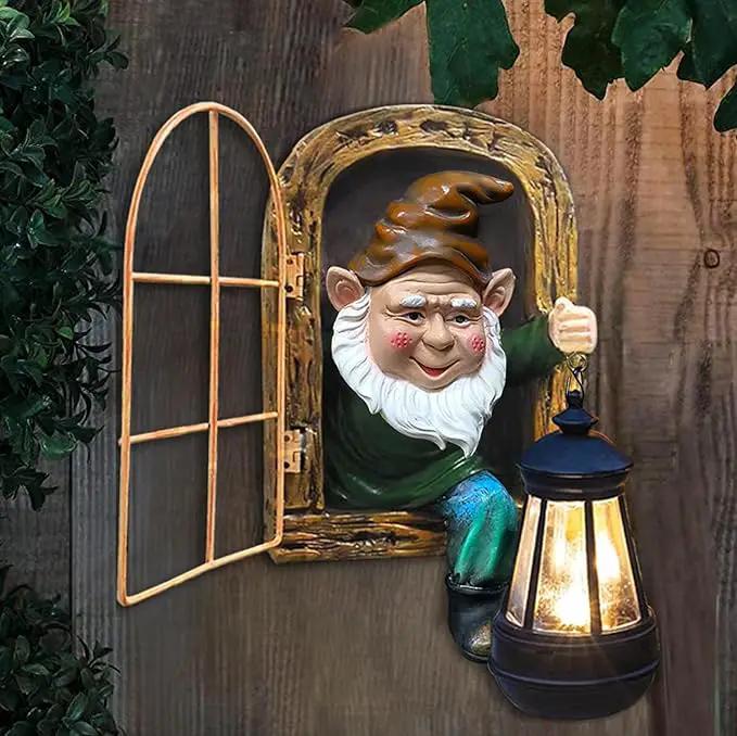 Fairy Garden Statues Gnomes Solar Lantern - Whimsical Elf Out The Door Tree Hugger Figurines Fence Wall Yard Art Home Decor Outdoor Tree Face Sculpture, Ideal Birthday Housewarming Decorations Gifts by GreenHaven Gardens