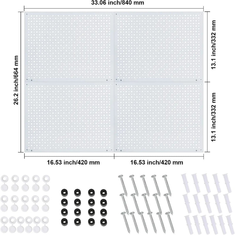Peg Board, Heavy Duty Steel Organization Panels, Universal 1/8 and 1/4 Peg Board Accessories, Ideal for Garage Tool Storage, Pack of 4(White, 16X12) by GreenHaven Gardens