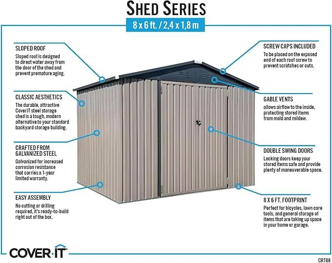 Metal Outdoor Galvanized Steel Storage Shed with Lockable Doors for Backyard or Patio Storage of Bikes, Grills, Supplies, Tools, Toys, for Lawn, Garden, and Camping, Tan (8x6) by GreenHaven Gardens