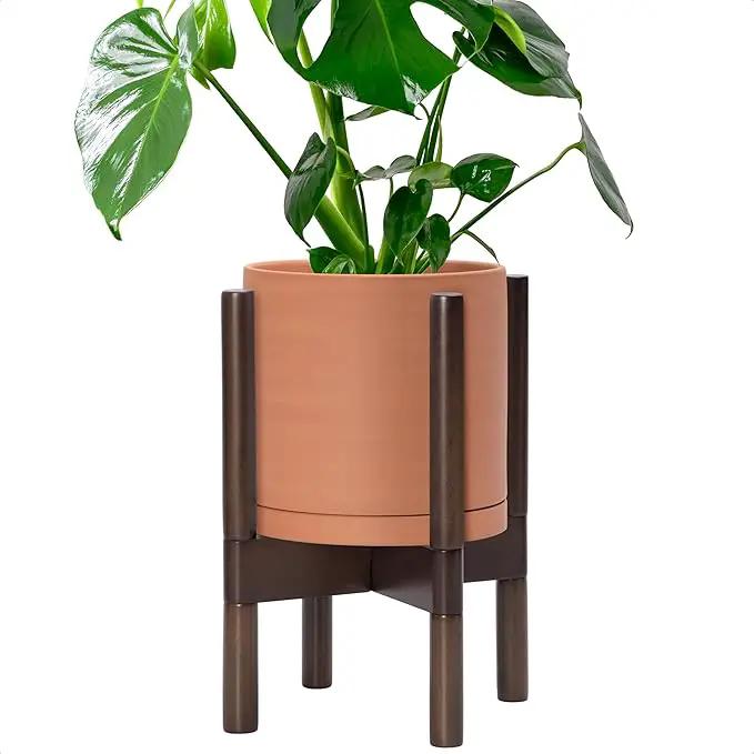 D'vine Dev Terracotta Planter with Walnut Color Stand - 8 Inch Modern Round Flower Pot with Wood Planter Holder, Terracotta, 55-B-Y-5 by GreenHaven Gardens