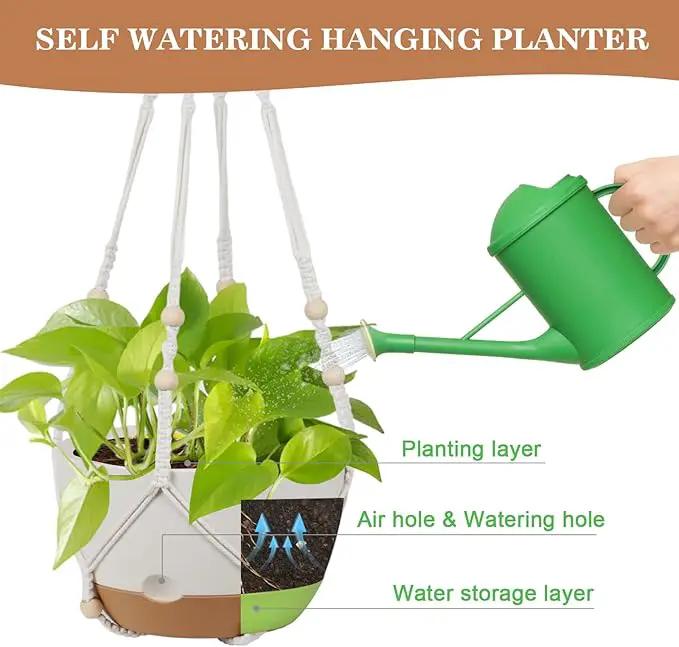 3 Pack Hanging Planters for Indoor Plants, 10 + 10 + 8 Inch Self-Watering Hanging Plant Pot, Macrame Plant Hanger with Pot, Ceiling Hooks, Removable Saucer and Drainage Holes for Garden Home - White by GreenHaven Gardens