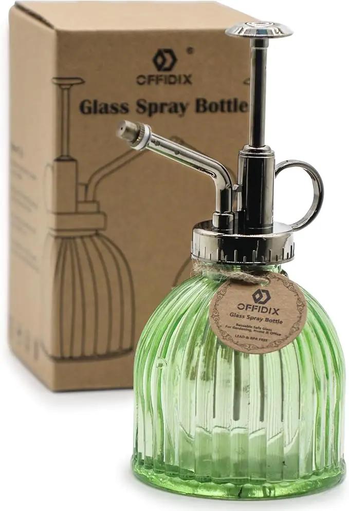 OFFIDIX Glass Plant Mister, 6.3 Inches Tall Vintage Style Spritzer Bronze Plastic Top Pump One Hand Watering Can Indoor Plant Spray Bottle for Garden, Plants, Cleaning (Light Green) by GreenHaven Gardens