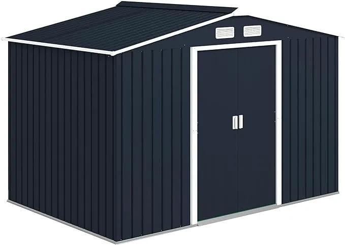 Outsunny 9' x 6' Outdoor Storage Shed, Garden Tool Metal Shed with Foundation Kit, Double Lockable Door, Air Vents and Sloping Roof, for Backyard, Patio, Lawn, Dark Gray by GreenHaven Gardens
