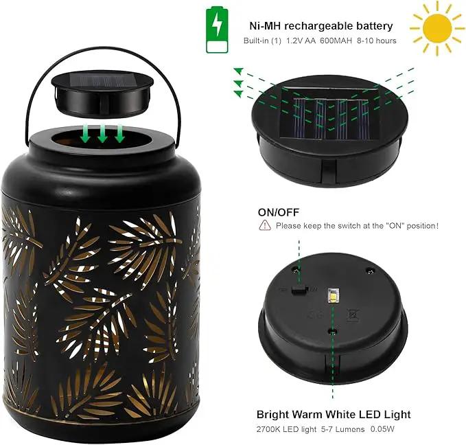 Glitzhome Solar Lantern Black Metal Cutout Leaf Outdoor Hanging Solar Light with Handle for Garden Patio Yard Outdoor Decor by GreenHaven Gardens