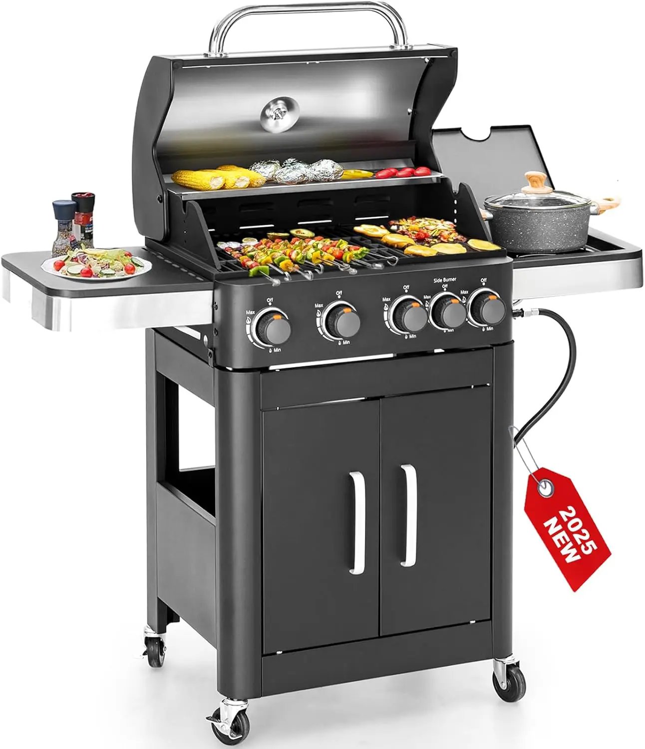 2 in 1 Propane Gas BBQ Grill with Side Burner & Porcelain-Enameled Cast Iron Grate, 4-Burner Flat Top Griddle, 46,700 BTU Outdoor Barbecue Propane Griddle Grill Combo for Camping, Patio, Backyard by GreenHaven Gardens