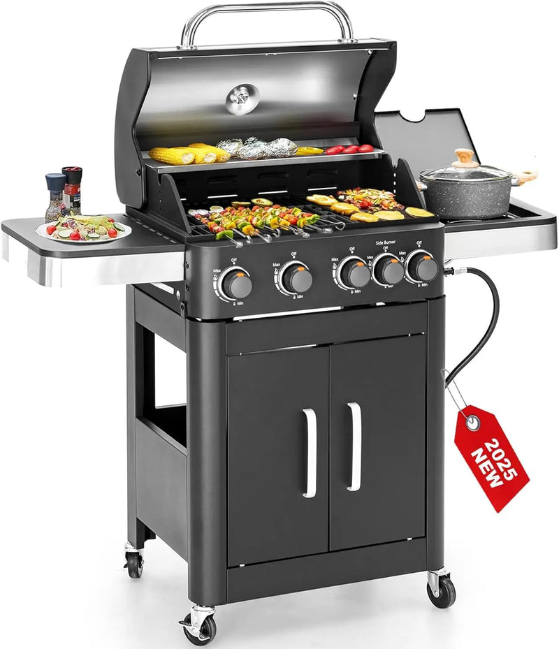 2 in 1 Propane Gas BBQ Grill with Side Burner & Porcelain-Enameled Cast Iron Grate, 4-Burner Flat Top Griddle, 46,700 BTU Outdoor Barbecue Propane Griddle Grill Combo for Camping, Patio, Backyard by GreenHaven Gardens
