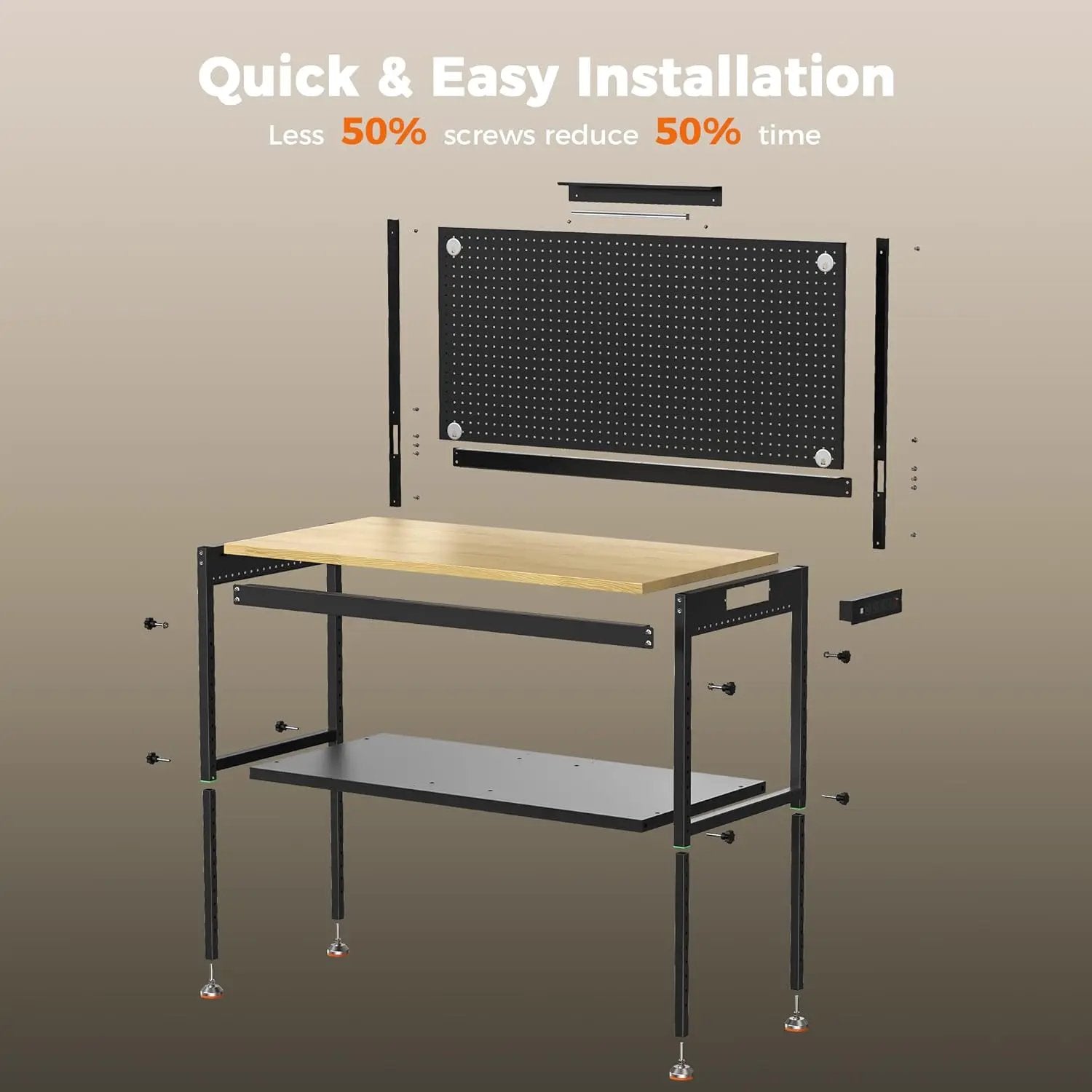 48" Heavy Duty Work Bench Adjustable Height Max Load 2000 LBS with Storage Shelf for Garage Workbench, Rubberwood Tabletop with Pegboard, LED Light, Built-in Power Strip for Woodworking Shop by GreenHaven Gardens