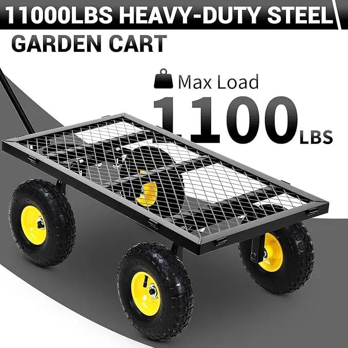 Heavy Duty Steel Garden Cart, 1100LBS Pullable Metal Garden Wagon with 10" Wheels, 180° Rotating Handle and Removable Sides for Outdoor, Farm, Yard, Beach by GreenHaven Gardens