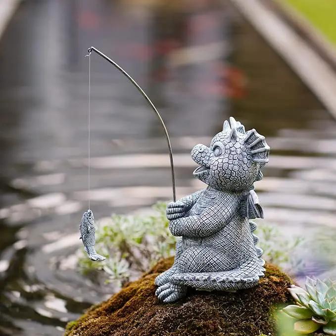 Goodeco Dragon Statue Garden Decor - Adorable Baby Fishing Dragon Figurines Outdoor Statues for Koi Pond/Fairy Garden Accessories,Gardening Gifts for Women 5.1 * 8.5 in by GreenHaven Gardens