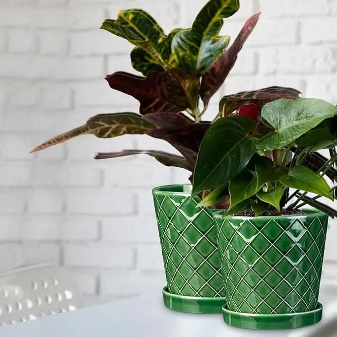 EFISPSS Ceramic Plant Pots, 4+5+6 Inch Pots for Indoor Plants, Flower Pots with Drainage Hole and Tray,Indoor/Outdoor Usage, Modern Style Garden Pots Set of 3 - Patina by GreenHaven Gardens