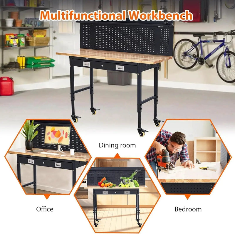60-Inch Garage Workbench with Wheels, Adjustable Rubber Wood Top Garage Workbench with Pegboard & Drawer & Power Outlet, 2000 lbs Load Capacity, for Workshop, Woodworking, Office by GreenHaven Gardens