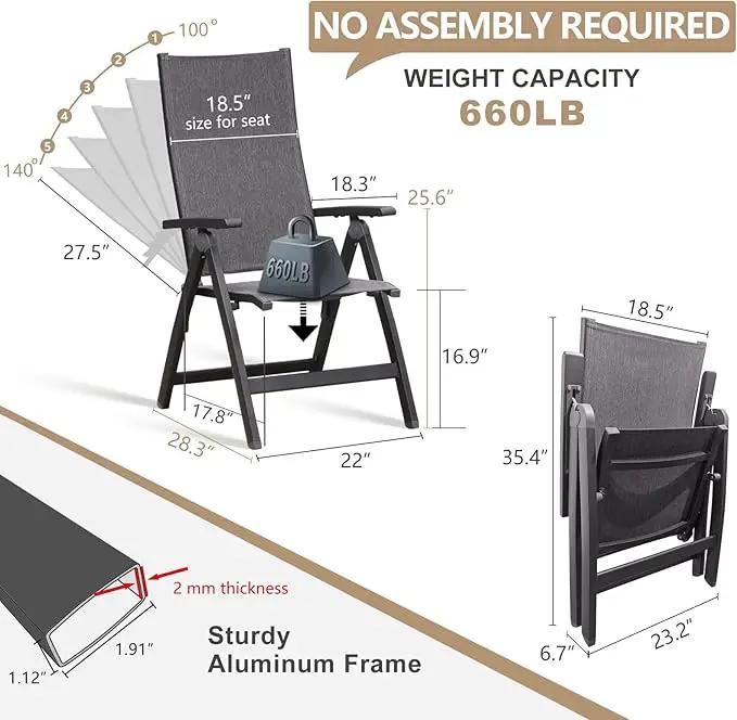 Folding Chair, Indoor & Outdoor Balcony, Patio Porch, Garden Lawn, Pool, for Comfortable Black Foldable Chairs, Portable Cozy Recliner, Metal Frame, Heavy Duty Durable by GreenHaven Gardens