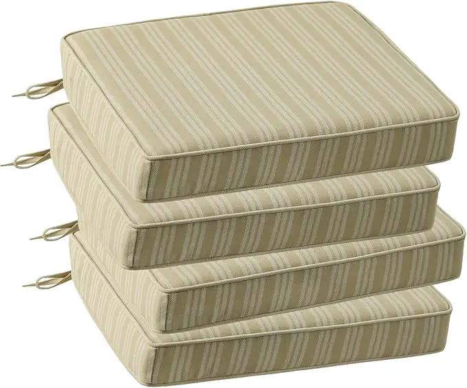Outdoor Square Corner Seat Cushion, 19"x19"x3", Set of 4, Non Slip Seat Cushion Pads with Removable Cover for Patio Furniture, Garden Yard Lawn, Beige Brown Stripe by GreenHaven Gardens