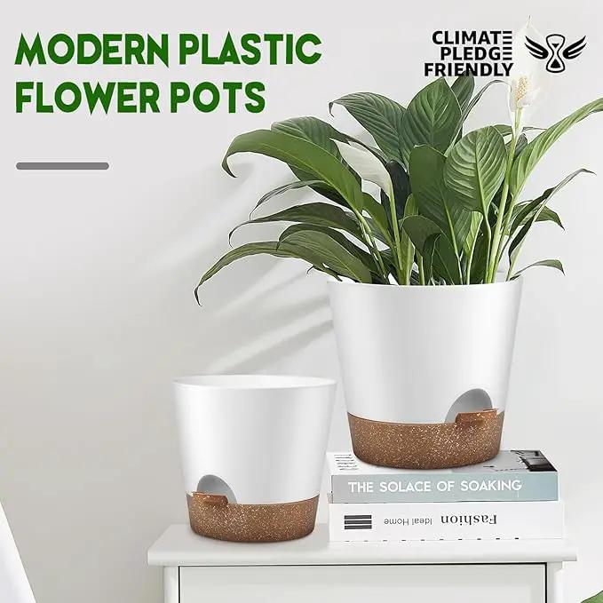 Indoor Outdoor Plant Pots- Self Watering Planters with Drainage Holes and Saucers, 9,8, 7.5 Inches, 3 Pots (Snow) by GreenHaven Gardens