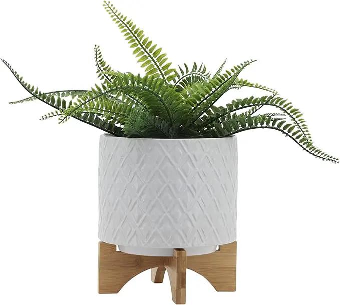 8" Ceramic Planter Stand, White Diamond Design with Wooden Base, Indoor/Outdoor Planter with Stand for Your Succulents and Small Plants by GreenHaven Gardens