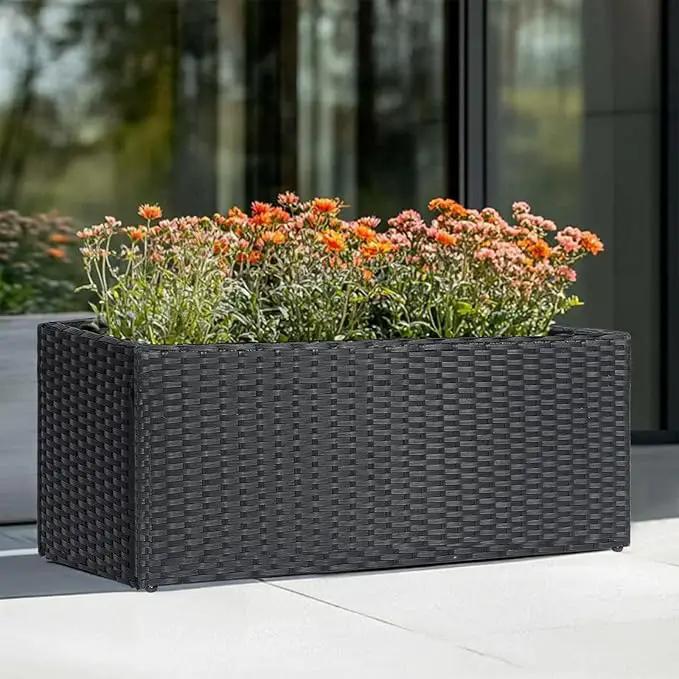 LEWIS&WAYNE Large Rectangular Block Planter Box Handmade Wicker Tall Planters for Outdoor Plants with Removable Liners Modern Planter for Indoor Outdoor Patio Deck - Black, 30''x12''x16'' by GreenHaven Gardens
