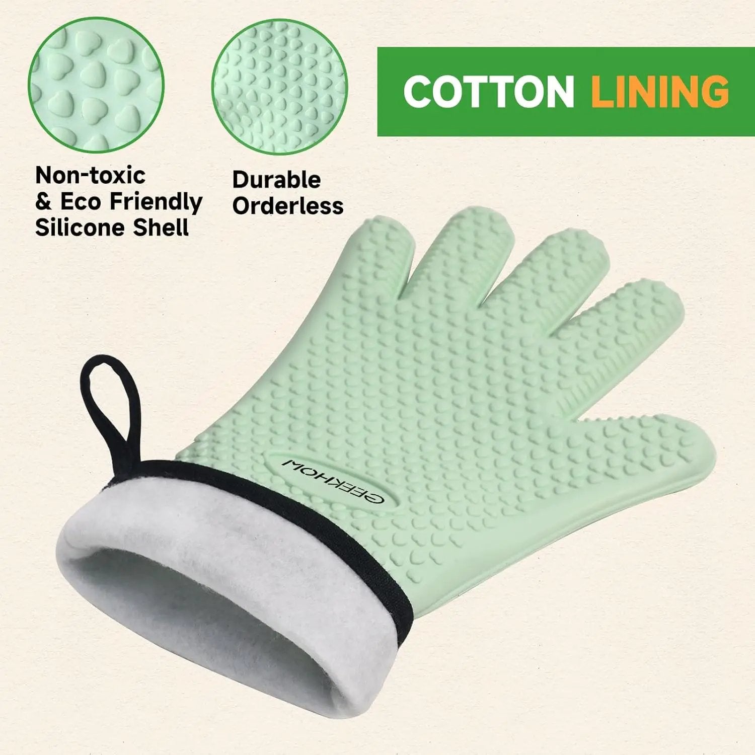GEEKHOM BBQ Gloves Heat Resistant Oven Mitts - Silicone Grilling Gloves with 13.7" Arm Protection - Waterproof Pot Holder Non-Slip for Men & Women, Kitchen Outdoor Cooking, Baking, Camping, Mint Green by GreenHaven Gardens