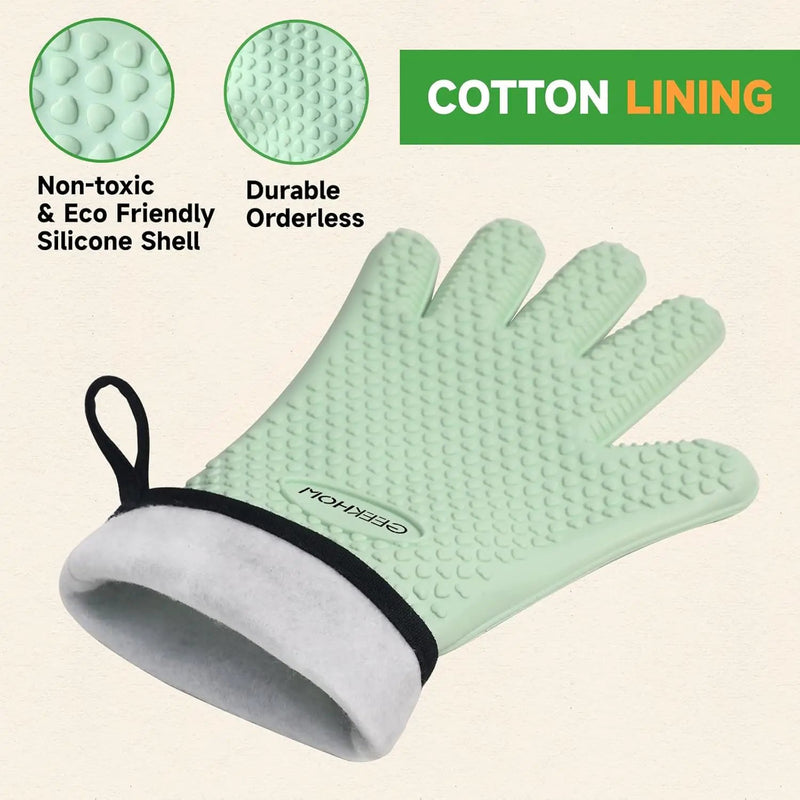 GEEKHOM BBQ Gloves Heat Resistant Oven Mitts - Silicone Grilling Gloves with 13.7" Arm Protection - Waterproof Pot Holder Non-Slip for Men & Women, Kitchen Outdoor Cooking, Baking, Camping, Mint Green by GreenHaven Gardens