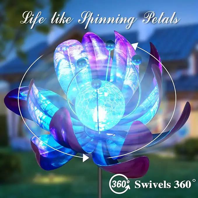 Solar Purple Metal Flower Wind Spinners, Colorful Spinning Windmill Lotus Yard Art Lights Wind Pinwheels with LED Crystal Ball Decorative Stake Lighting Flower Sculpture by GreenHaven Gardens