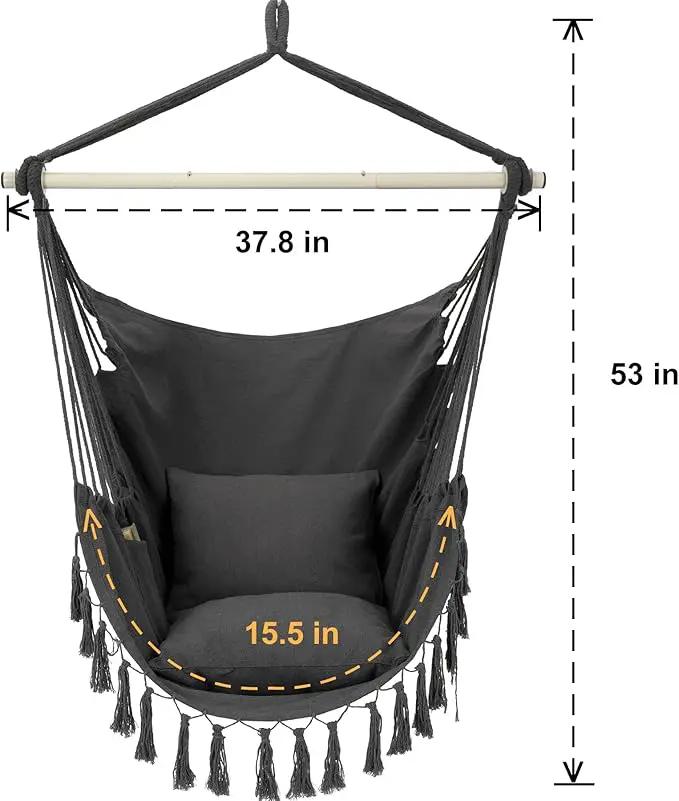 Y- STOP Hammock Chair Hanging Rope Swing, Max 500 Lbs, 2 Cushions Included, Large Macrame Hanging Chair with Pocket, Cotton Weave for Superior Comfort, Durability (Dark Grey) by GreenHaven Gardens
