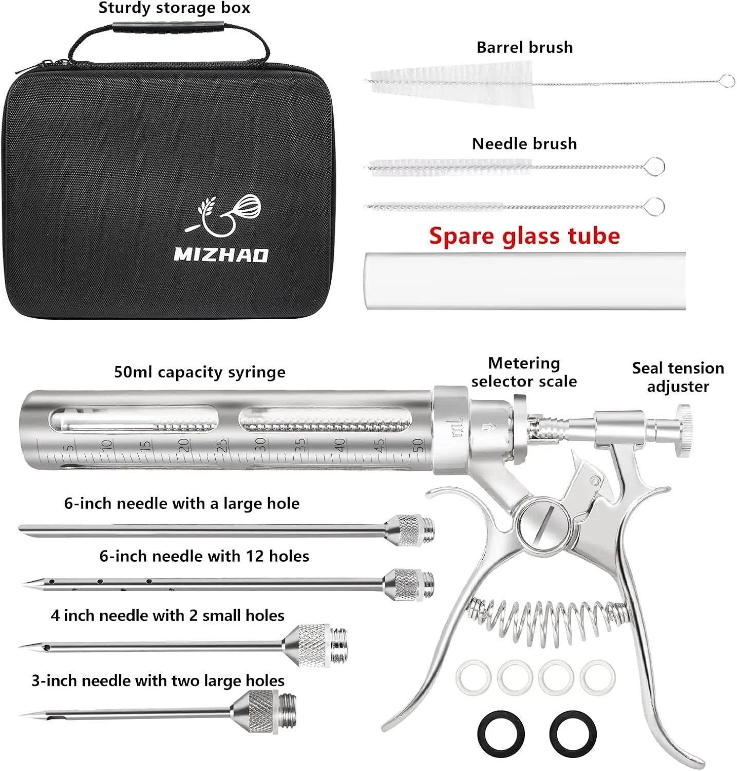 Premium Meat Injector Kit - Stainless Steel Marinade Syringe with 4 Needles, Leak-Proof, Food-Grade Injector for BBQ, Turkey, Chicken, and Grilling – Includes Bonus Glass Tube(9.1in) by GreenHaven Gardens