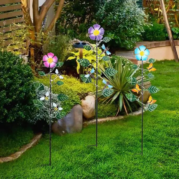Set of 3 Solar Garden Lights,23'' H Flowers＆Insect Decorative Garden Stakes,Waterproof Metal Spring Yard Art Decor,Solar Stake Lights for Outside,Lawn,Yard,Patio by GreenHaven Gardens