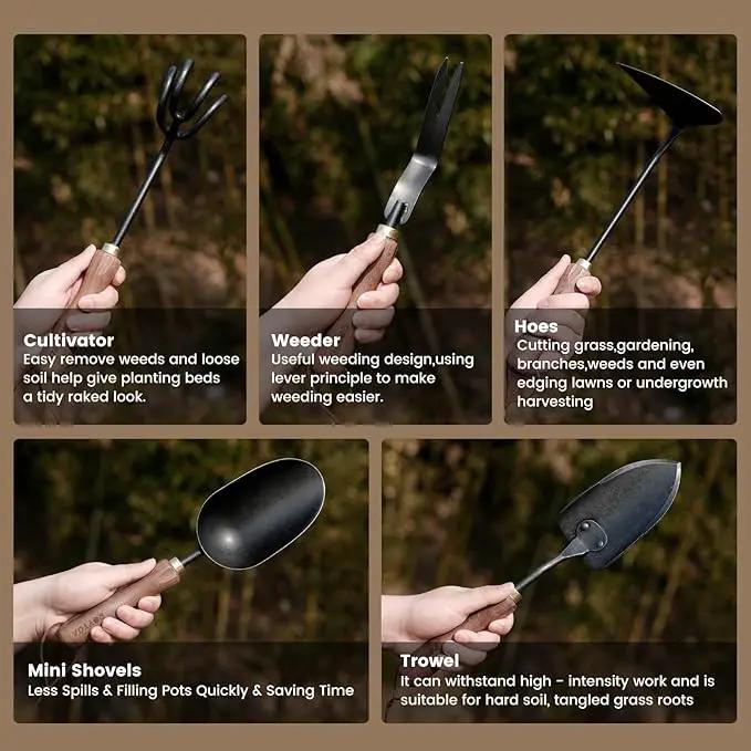 Garden Tool Set,5Pcs Gardening Tools,Stainless Steel Heavy Duty Hand Cultivator, Hoes，Shovel, Trowel and Weeder with Ergonomics Walnut Handle，Gardening Gifts for Women by GreenHaven Gardens
