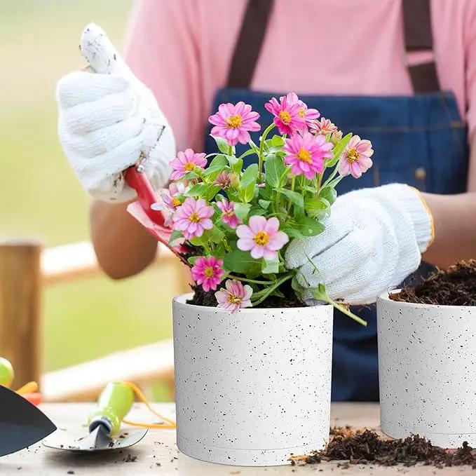 8/7/6 inch Flower Pots, 3 Set Cylindrical Plant Pots for Outdoor Indoor Plants, Decorative Plastic Planters with Drainage Holes and Saucers for Garden House Plants, White with Black Speckles by GreenHaven Gardens
