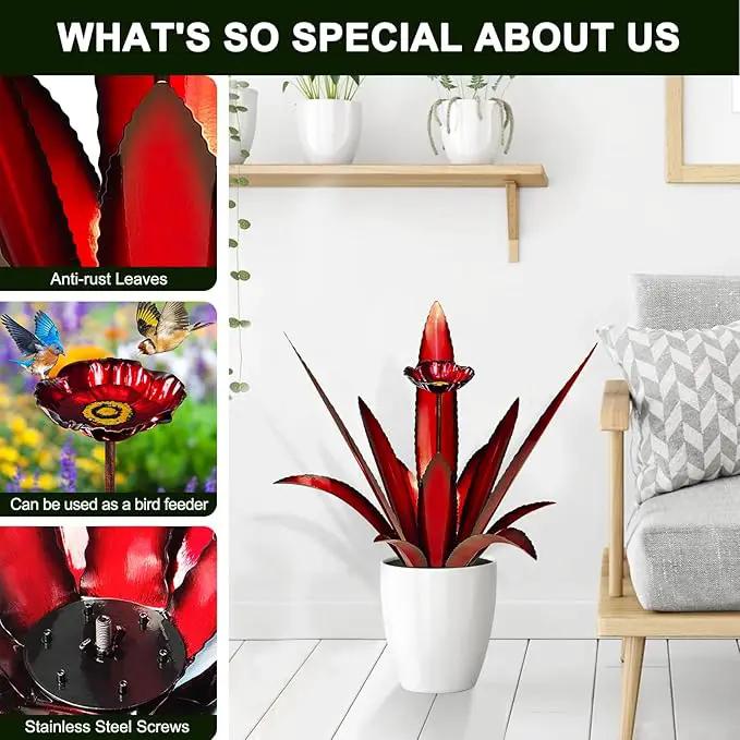 Upgraded Large Metal Yard Art, Metal Agave Plant Yard Decorations Outdoor Sculpture, Metal Flowers for Outside, Waterproof Outdoor Garden Decor (Red + Bird Feeder) by GreenHaven Gardens