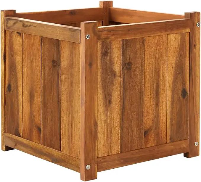 IDZO Acacia Wood Flower Planter Box for Outdoor Plants, 1pc Wooden Raised Garden Bed with Handles, Drainage Holes, Ideal for Garden and Home Décor, Light Cherry by GreenHaven Gardens
