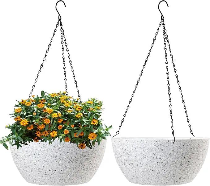 13 inch Large Hanging Planters Plant Pots for Outdoor Indoor Plants with Drainage Holes and Chain, 2 Pack Round Hanging Flower Pots for Garden Home Porch Decor, Speckled White by GreenHaven Gardens