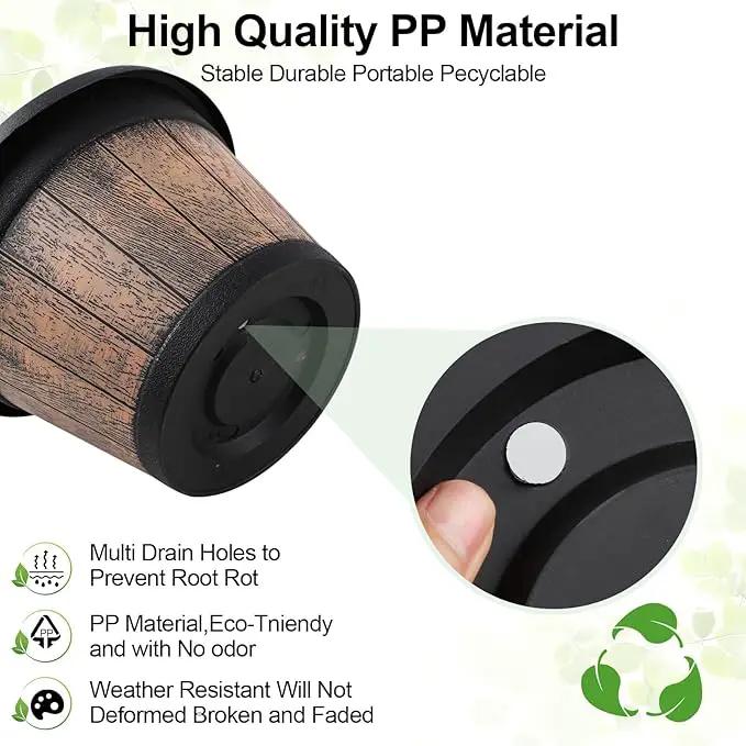 Quarut Large Plastic Plant Pots Set of 4 Pack13 inch,Whiskey Barrel Planters with Drainage Holes & Saucer.Flower Pots Imitation Wine Barrel Design for Indoor & Outdoor Garden Balcony Plants (Brown) by GreenHaven Gardens