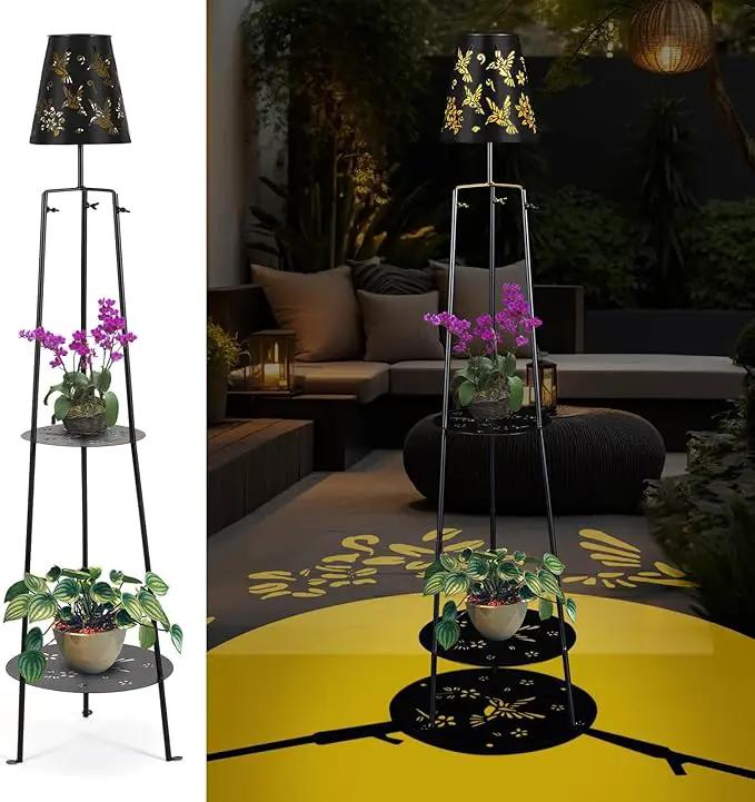 47.2'' Outdoor Metal Solar Floor Lamps with 2 Plant Stand Hummingbird Solar Lights Waterproof Solar Powered Street Lights Garden Decorative Lantern for Yard Pathway Deck Patio Porch Driveway Decor by GreenHaven Gardens