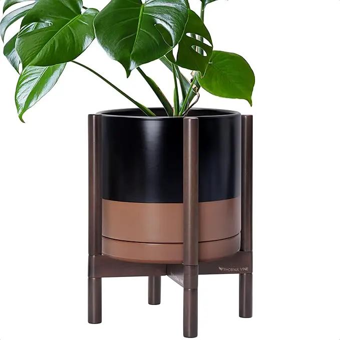 D'vine Dev Ceramic Planter with Walnut Color Stand - 12 Inch Modern Round Flower Pot with Wood Planter Holder, Black/Speckled Tan, 55-B-W-7 by GreenHaven Gardens