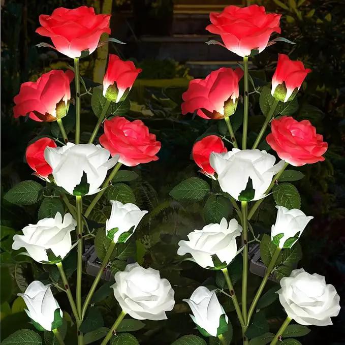 Solar Garden Lights, Solar Outdoor Lights with More Realistic 20 Rose Waterproof Solar Powered Flowers Lights for Outside Patio Yard Pathway Decorations, White and Red by GreenHaven Gardens