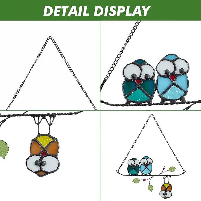 Stained Glass Birds,owl,Stained Glass Window Hanging,Multicolor Owls on The Living Tree with Green Leaf and red Berries,Bird suncatcher for Windows Room Home,Bird Deco,Gift for Mom,and Bird Lovers. by GreenHaven Gardens