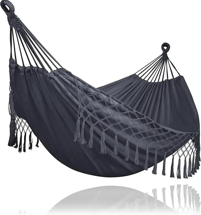 SUNCREAT Extra Large Double Hanging Hammock for Camping, Hammocks for Outside 2 Person Heavy Duty, Dark Gray with Tassels by GreenHaven Gardens