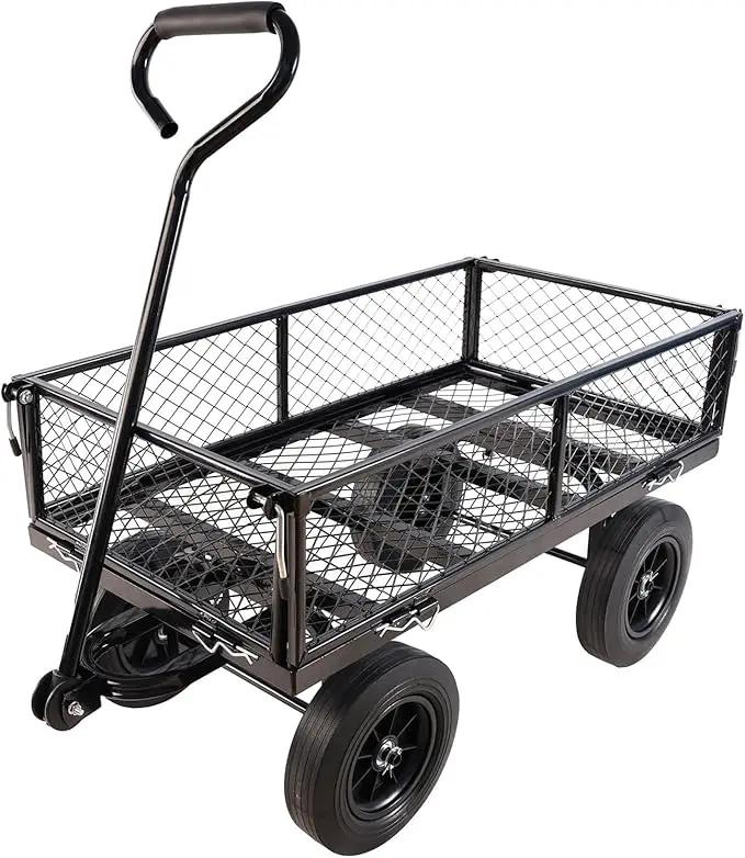 Heavy Duty 480 Lbs Capacity Mesh Steel Garden Cart Folding Utility Wagon with Removable Sides (Black) by GreenHaven Gardens