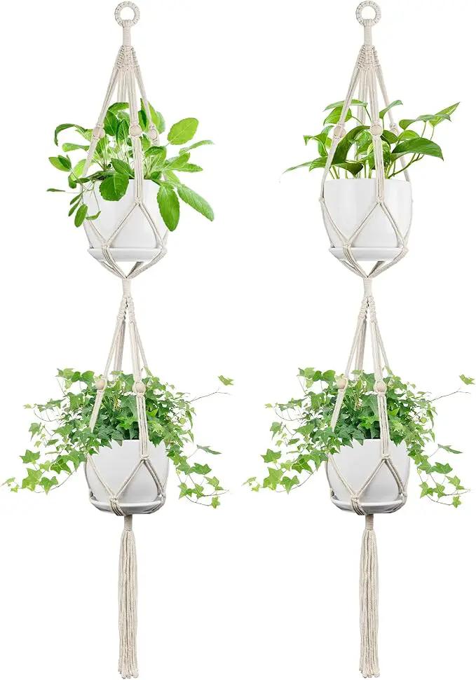 2 Pack Macrame Plant Hanger, 49 Inch, Fits 4-8 Inch Pots, 2 Tier Indoor Outdoor Hanging Planter Basket Flower Pot Holder, Boho Home Decor, Ivory (POTS NOT Included) by GreenHaven Gardens