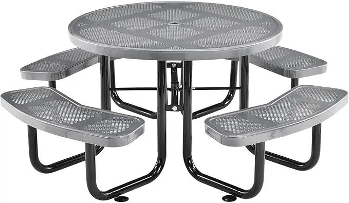 Global Industrial 46" Round Picnic Table, Perforated Metal, Thermoplastic Coating, Attached Benches, 1-1/2” Umbrella Pole Hole, Outdoor-Rated, 1000 lbs Capacity, Gray by GreenHaven Gardens