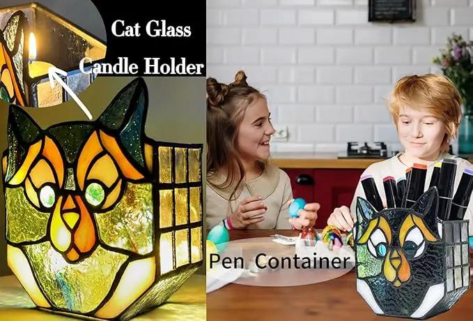 Cat Stained Glass Pot,Cat Flower Pots for Indoor Plants,Cat Plant Decor,Fun Plant Pots Gift 4.6x3x5.15 in(Excluding Plants) by GreenHaven Gardens