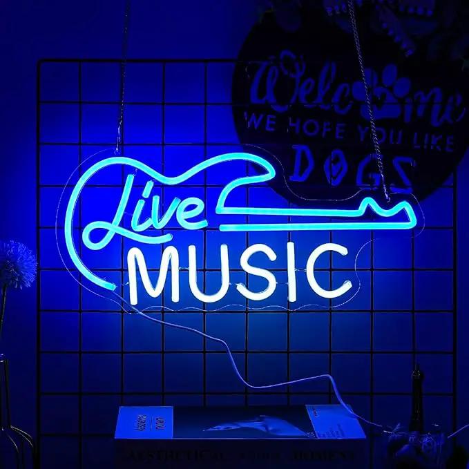Guitar Neon Sign Blue White Live Music for Wall Decor Dimmable Guitar Led Light up Sign Letter Neon Signs Art Decorative Lights for Music Studio Live Streams Nightclub by GreenHaven Gardens